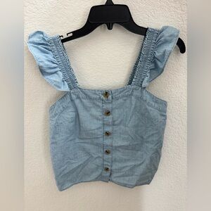J. Crew Blue Chambray Ruffled Sleeveless Blouse